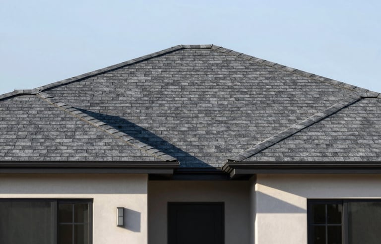 A high-resolution photograph of a modern residential home in Torrance with a perfectly installed charcoal grey asphalt shingle roof. The lighting is bright afternoon sun, highlighting the modern craftsmanship and texture. The sky is clear. Palette hints: #1C2833 and #4A6572 tones in the architecture.