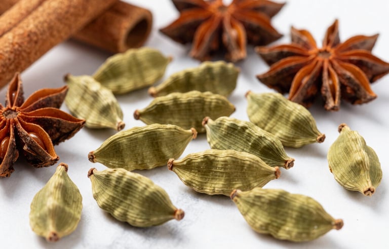Close-up macro shot of whole green cardamom pods, star anise, and cinnamon sticks scattered on a clean white marble surface, bright natural daylight