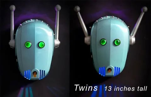 Assemblage robot heads built by artist Tal Avitzur from vintage floor polishers.