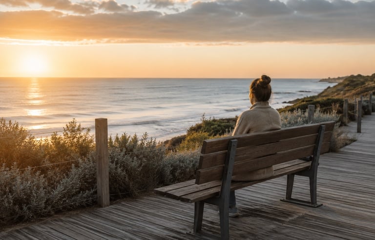 Woman sitting alone on a wooden bench overlooking the ocean at sunrise.  