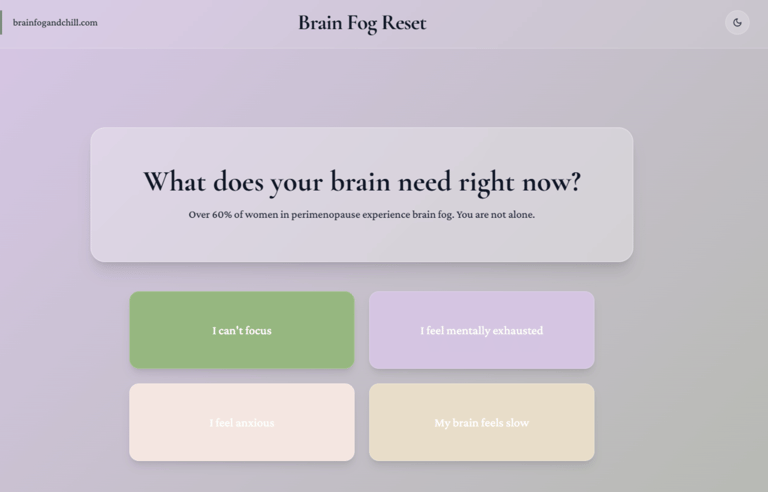 Brain Fog Reset quiz for women in perimenopause showing options for mental focus, exhaustion, and anxiety.
