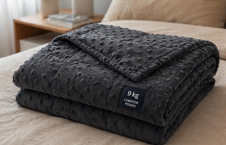 Folded dark grey 9kg weighted blanket with dotted minky fabric texture on a beige bed.