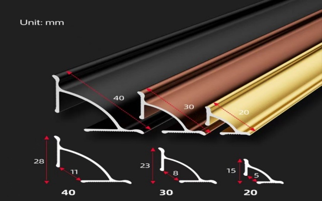 Decorative molding trim in 3 sizes (40mm, 30mm, 20mm) with dimensions, available in black, bronze, and gold finishes – archit