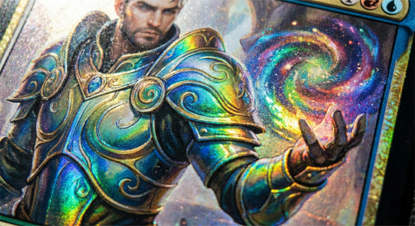 Close up of Cold Foil printing on a trading card showing metallic gradients.