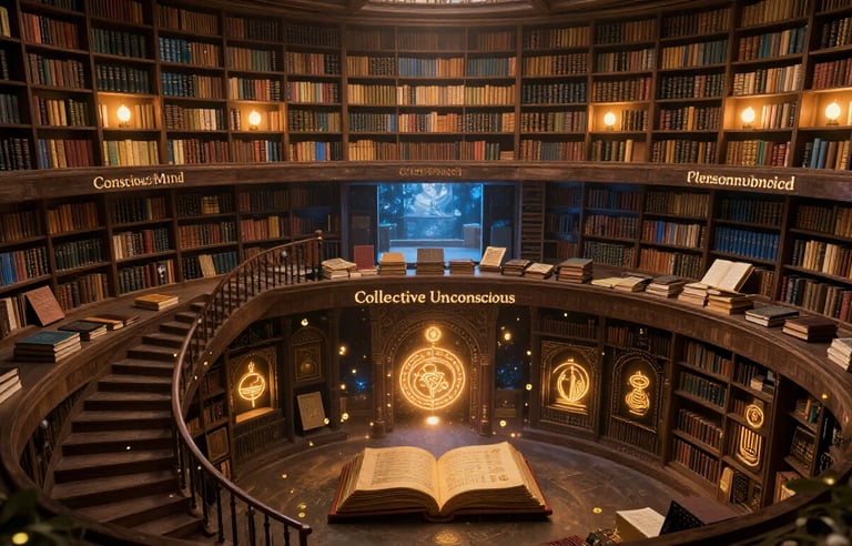 Carl Jung psyche model showing conscious personal unconscious and collective unconscious as library