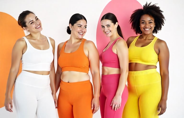 a group of women in colorful clothing standing in front of a wall