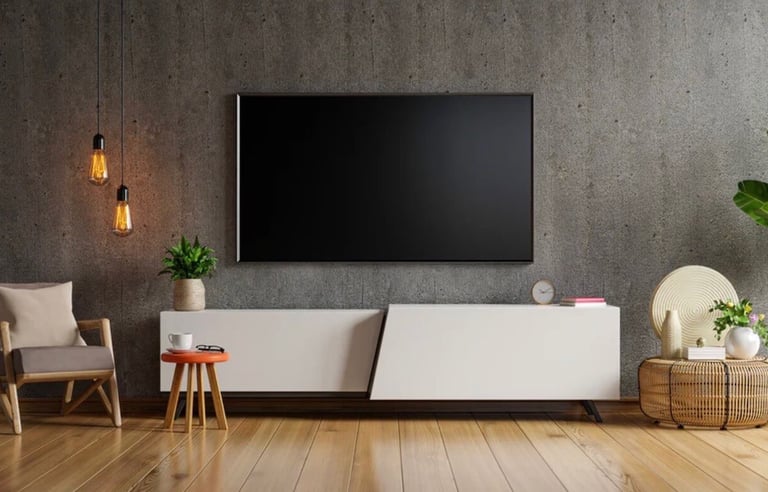 tv mounted on concrete wall