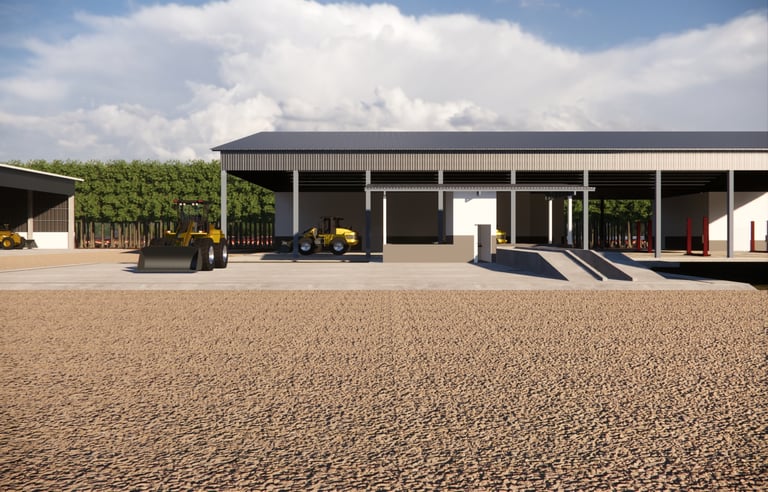 Área pavimentada com sistema de drenagem para lavagem de máquinas