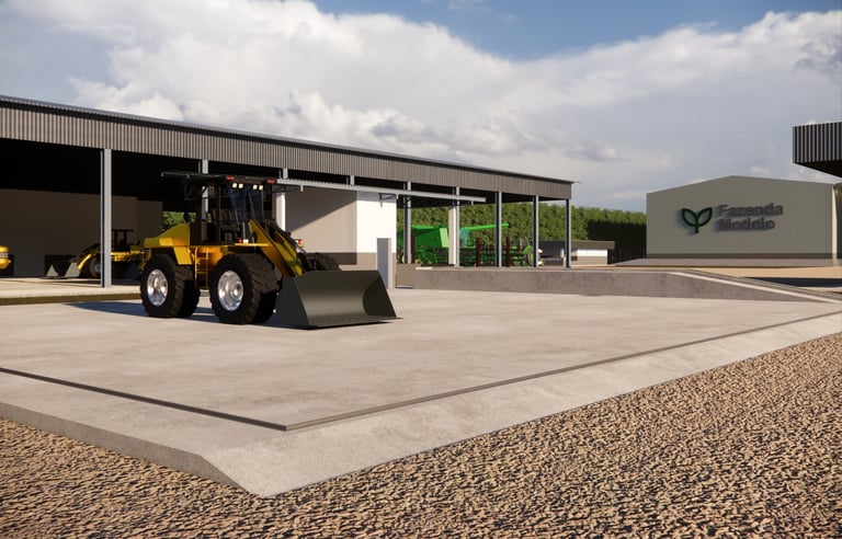 Área pavimentada com sistema de drenagem para lavagem de máquinas