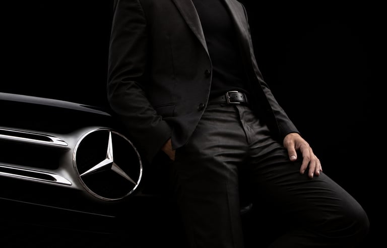 A man in an elegant suit stands next to a luxury car, representing success and wealth