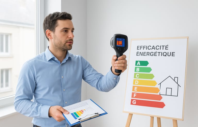 un technicien qui fait une étude efficacité énergetique dpe test pour comprendre