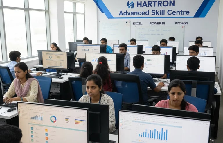 Students working on statistical data analysis with laptops and digital displays