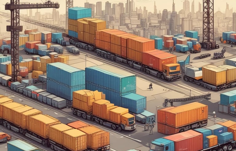 A large cargo ship is loaded with multiple shipping containers stacked high. Cranes labeled 'Terminal Burchardkai' are positioned above, suggesting the loading or unloading process is underway. The ship is sailing through a body of water with a cloudy sky overhead. The containers are colorful and bear various company logos.