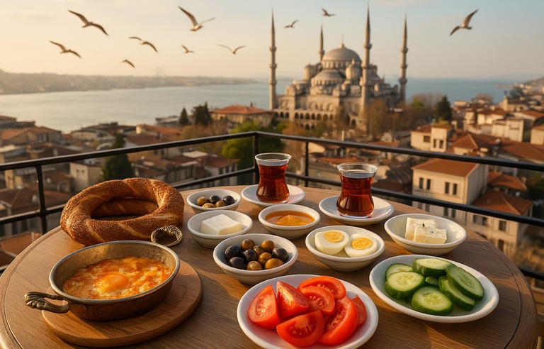 Traditional Turkish breakfast with simit, tea, and fresh produce served on a rooftop terrace overlooking the Bosphorus and Bl