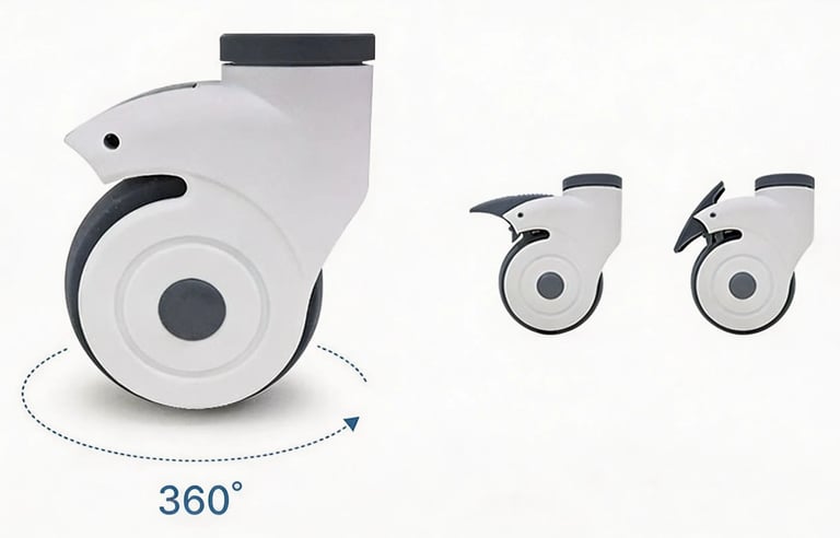White 360-degree swivel medical casters with locking brakes for hospital furniture wheels.