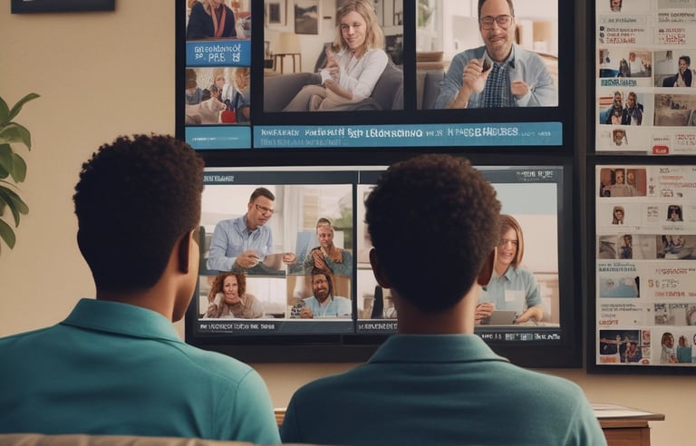 A communication tower stands tall against a clear blue sky, partially bordered by the silhouettes of lush trees.