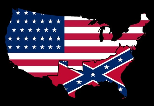 american and confederate flags merged into the shape of the United States