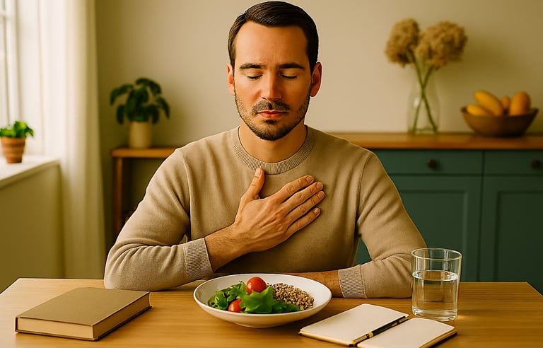 Homem calmo respirando profundamente antes da refeição, ilustrando controle da ansiedade alimentar.