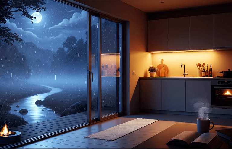 Foggy summer kitchen rain ambience. Cozy rain sounds for study, sleep and relaxing background.
