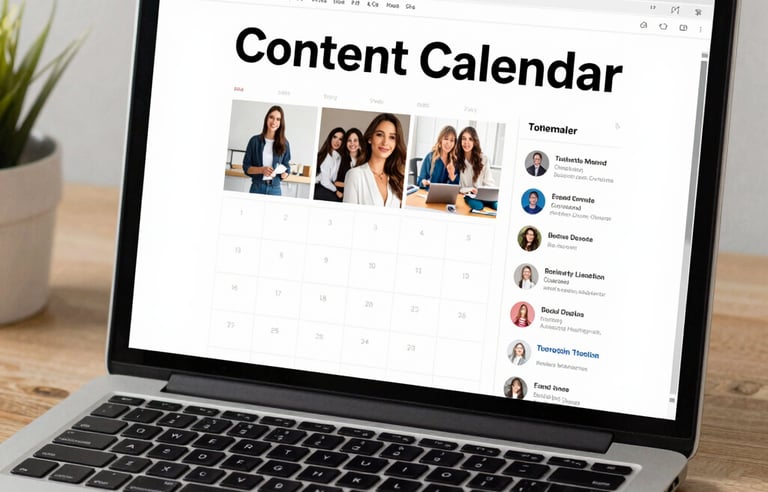 Digital marketing icons and tools spread out on a neutral-colored surface.