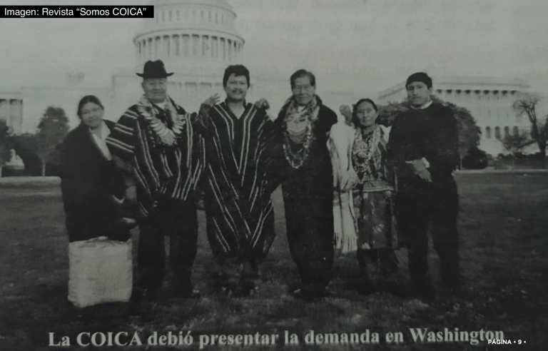 Indigenous leaders from COICA in traditional dress standing before the U.S. Capitol in Washington D.C.
