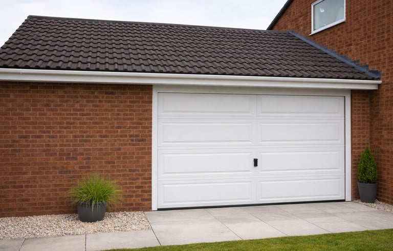 Completed garage conversion with new insulated garage door and finished exterior on Brighton home