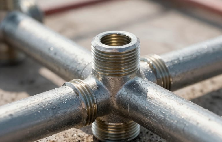 Macro detail of a high-quality plumbing joint or electrical wiring conduit on a construction site, clean installation, bright daylight, sharp focus