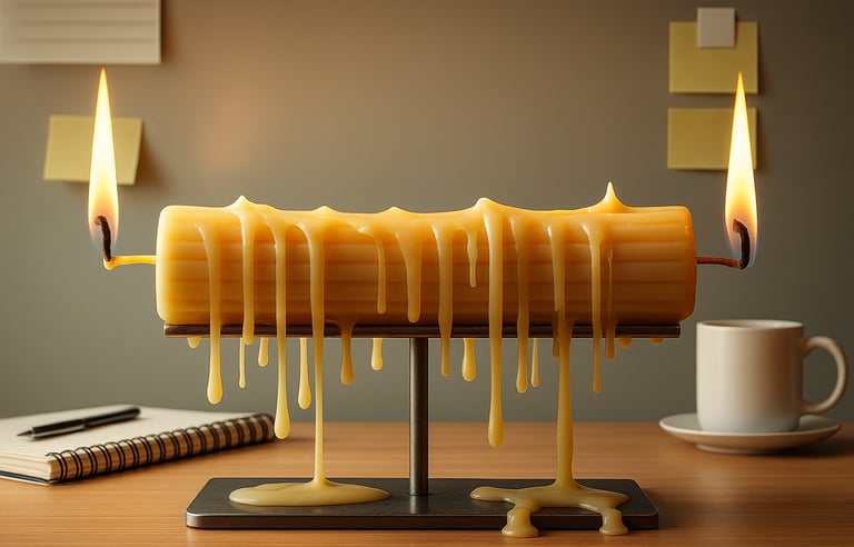 A candle burning at both ends, on a stand in an office.