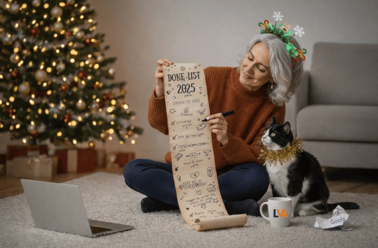 A businesswoman shows her cat her 2025 Done List in preparation for Christmas holidays