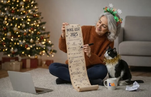 Woman in Christmas headband showing her tinsel-wearing cat a long completed to-do list.