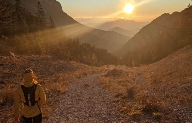 a person walking down a path in the mountains
