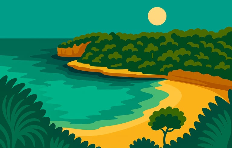 Illustrazione digitale minimalista di una cala di Maiorca con acqua turchese, sabbia dorata e scogliere, in stile travel post