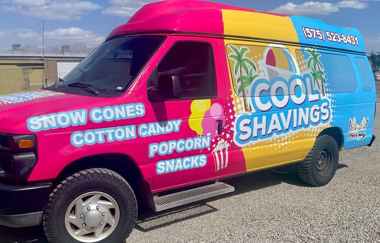 An eye catching custom van wrap, for a snow cone company in Las Cruces, NM.