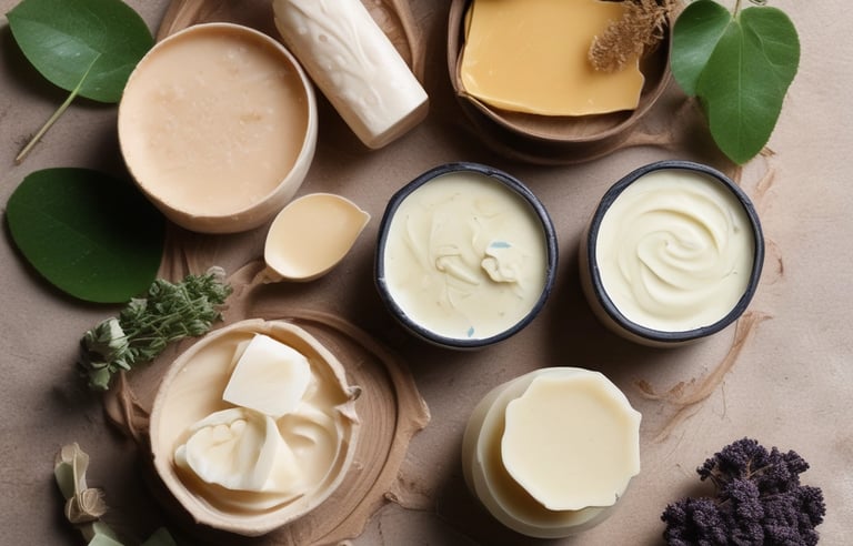 A round container of hemp whipped body butter is placed on a wooden surface. The label highlights that it contains organic certified ingredients and promotes its properties such as being an antioxidant and skin conditioner. The background features a calming, blurred teal color.