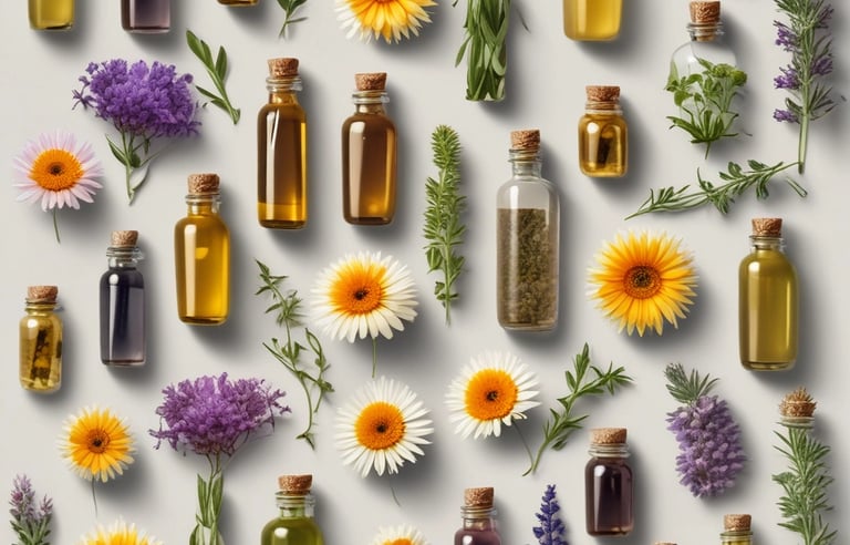 Two jars of hemp body balm are displayed, labeled with ginger honey and vanilla coconut varieties. They are surrounded by decorative dried flowers and leaves with hues of yellow, brown, and green. The setup appears to be on a light surface, creating a natural and earthy aesthetic.