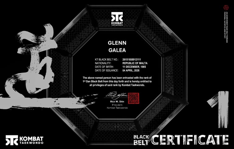 Official Kombat Taekwondo 1st Dan Black Belt Certificate for Glenn Galea from the Republic of Malta.