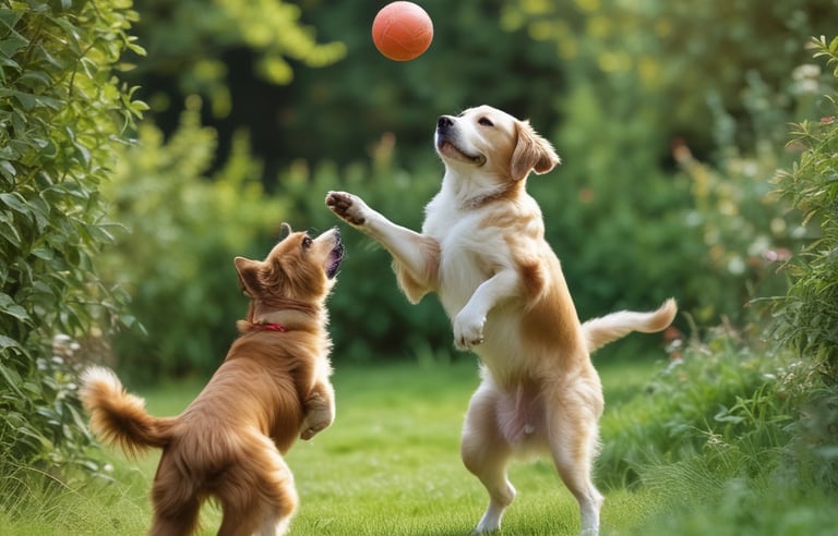 An assortment of pet toys and accessories arranged on a white background. Items include a rope chew toy, a blue feeding bowl filled with kibble, an orange football-shaped toy, a green spiky toy, a small rubber ball, a pair of grooming tools, and a colorful rubber knot ball.