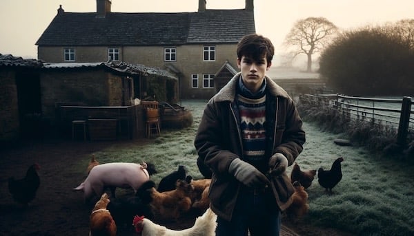 A teenage boy feeds the pigs and chickens on a small English farm
