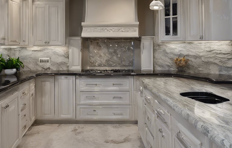 a kitchen with marble counter tops and a marble counter top