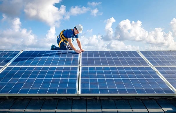 A professional technician installing solar panels on a residential roof under a bright blue sky.