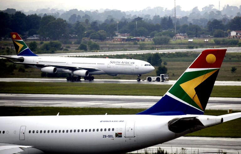 two airplanes are parked on the runway at an airport,Acsa