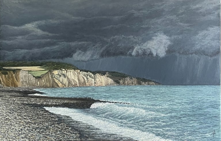 Tableau peinture à l'huile - Falaises de Pourville sous le grain