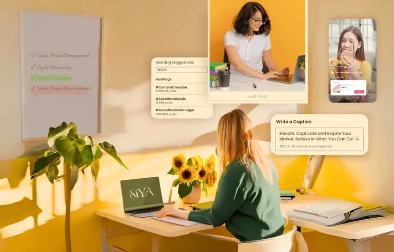 a woman sitting at a desk with a laptop and a phone brainstorming for social media
