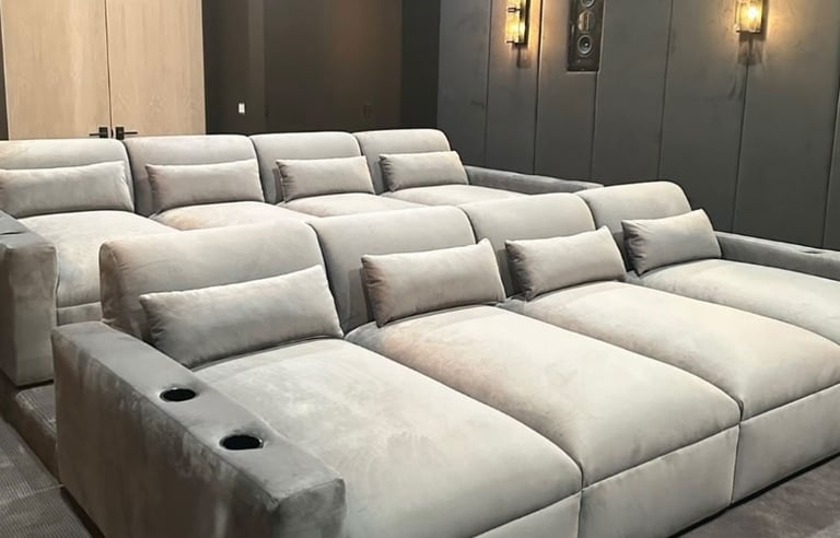 Custom home theater seating in a Los Angeles media room by Solo Home Decor