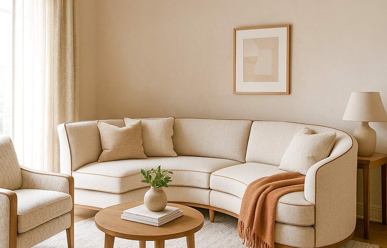 Custom sofa perfectly tailored to a uniquely shaped room, styled with coordinated fabrics for a personalized feel.