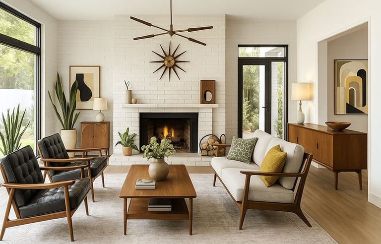 Spacious Mid-Century living room with low-profile sofas, wood beams, and sunburst clock