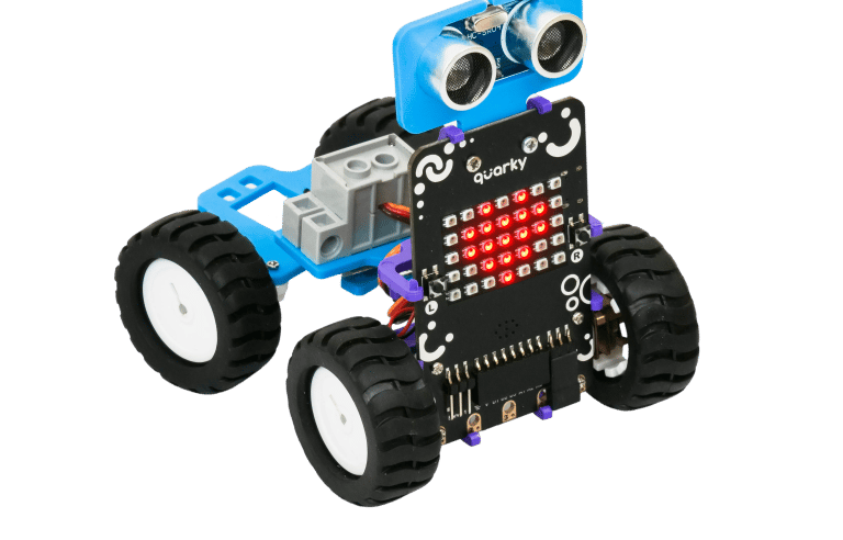 The pocket-sized Quarky programmable board for learning AI, with a grid of LEDs and two buttons.