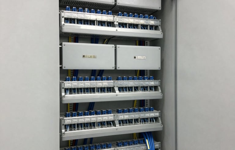 Modern office space showcasing elegant furniture with integrated lighting and network cables.