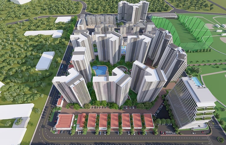 Bird's-eye aerial master plan view of the entire Aperito Tower development site