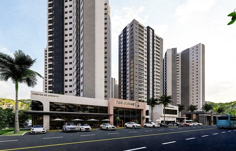 Ground floor retail strip featuring Coffee De Aperito and parking area